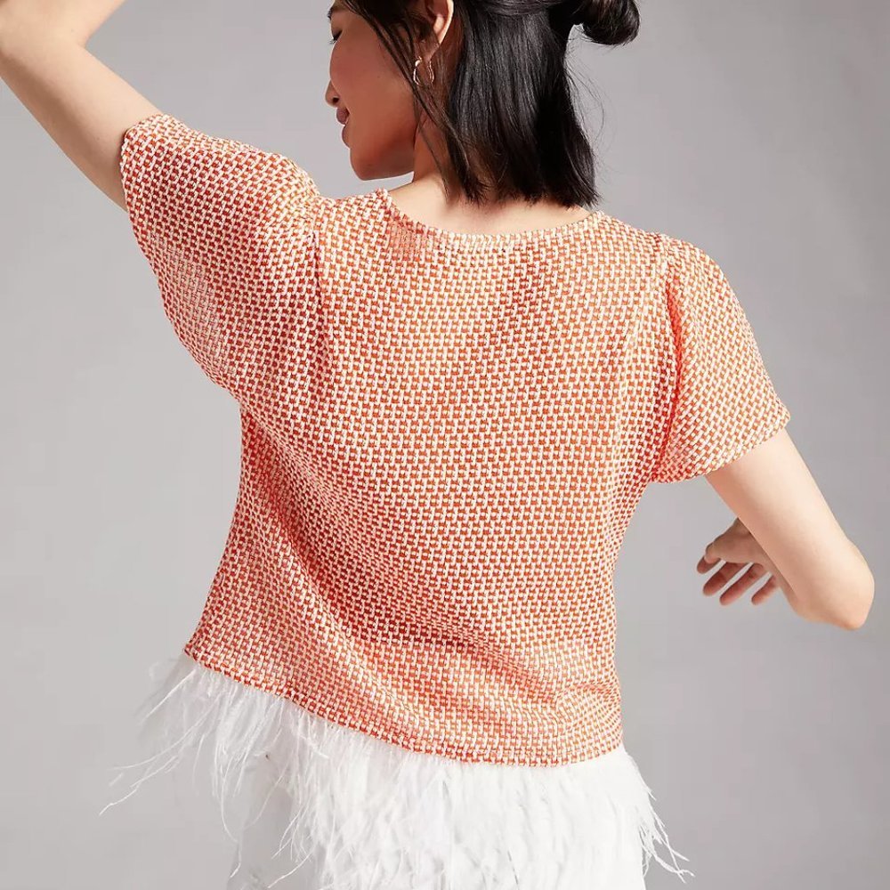 Anthropologie Eva Franco Orange Knit Feathered Top w/ Flutter Sleeves - Picture 7 of 7